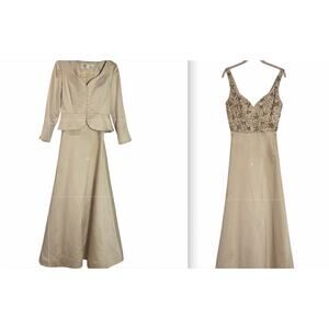 Vintage Formal Beaded Black Tie Oleg Cassini Gold Dress‎ Coat Opera Gown Set